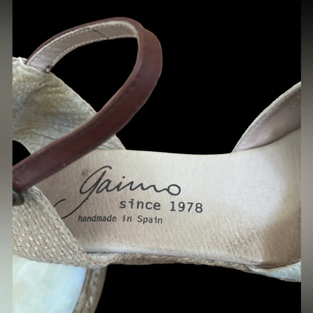 Giamo Anthro beige suede 3” wedge heel espadrilles w brwn lthr strp SZ 8 coastal